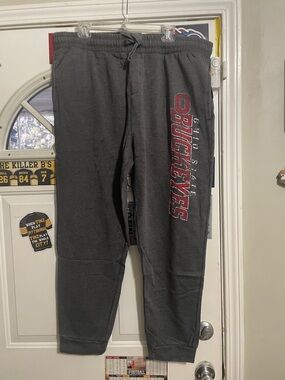 Gray Sweatpants with Vertical Red 'Ohio State BUCKEYES' Graphic